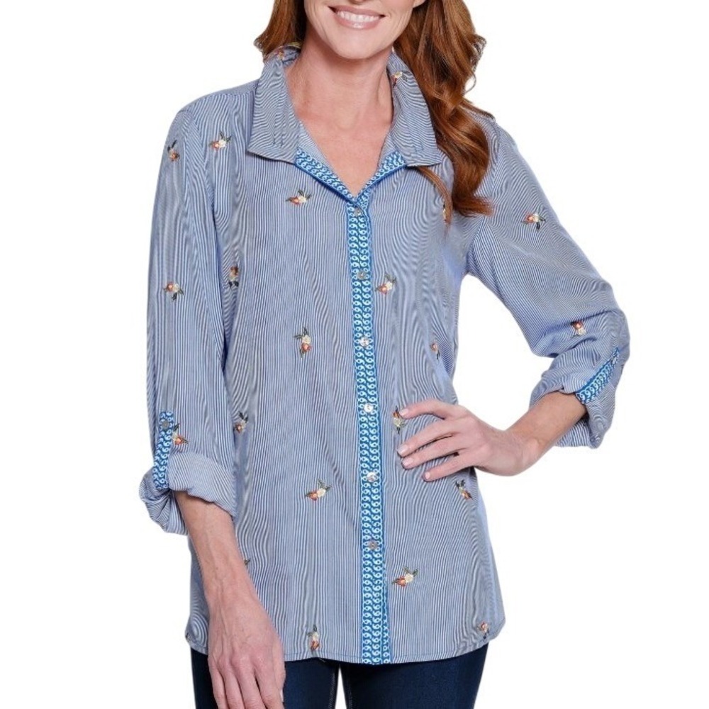 John Mark Womens XL Blue Striped Embroidered Top‎ Printed Back Panel NWT